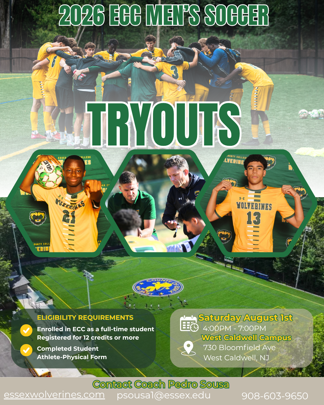 2026 ECC Men's Soccer Tryouts August 1st at West Essex Campus 4:00pm - 7:00pm